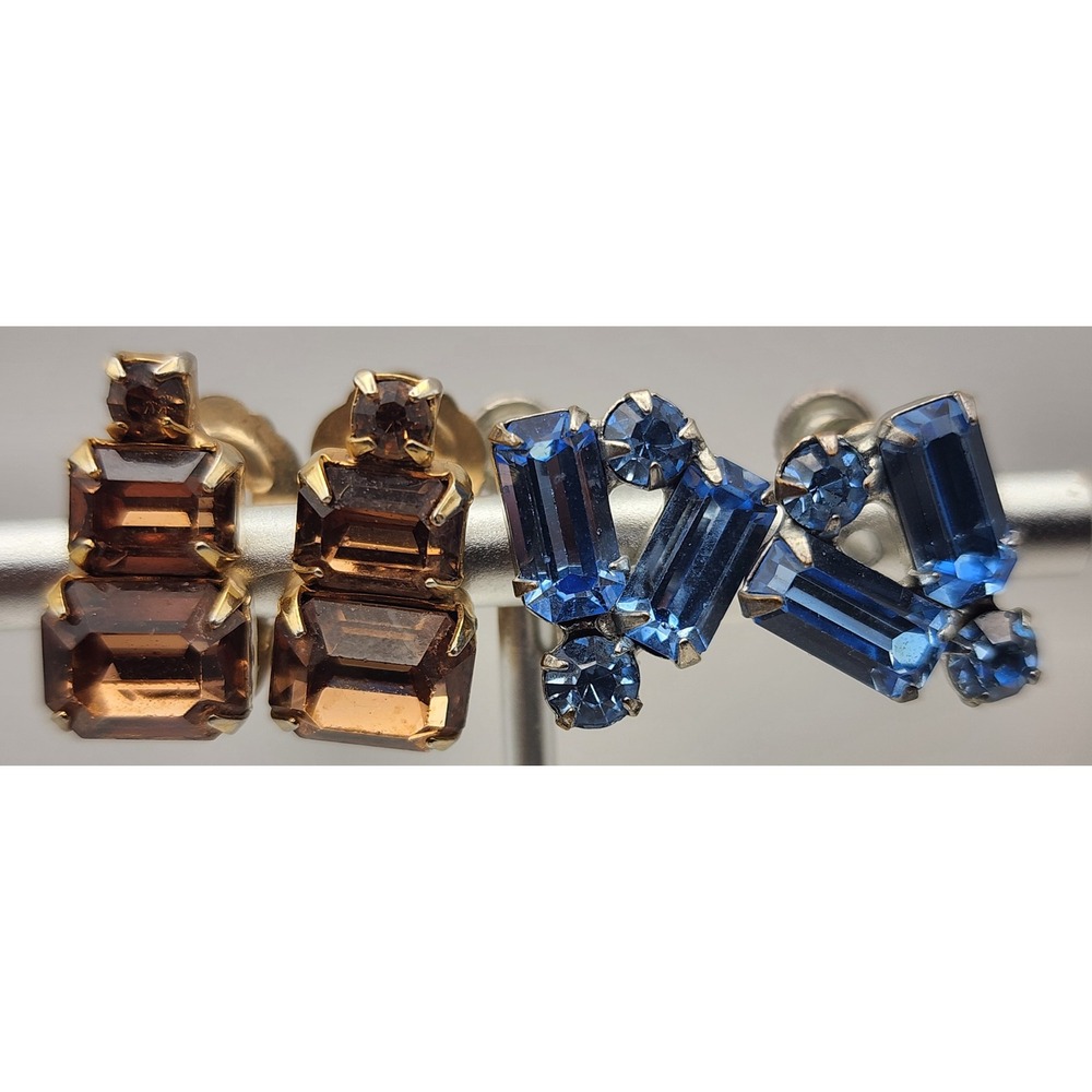 Vintage Weiss Rhinestone Earring Set Cognac Clip-On Blue Sapphire Screw-Back